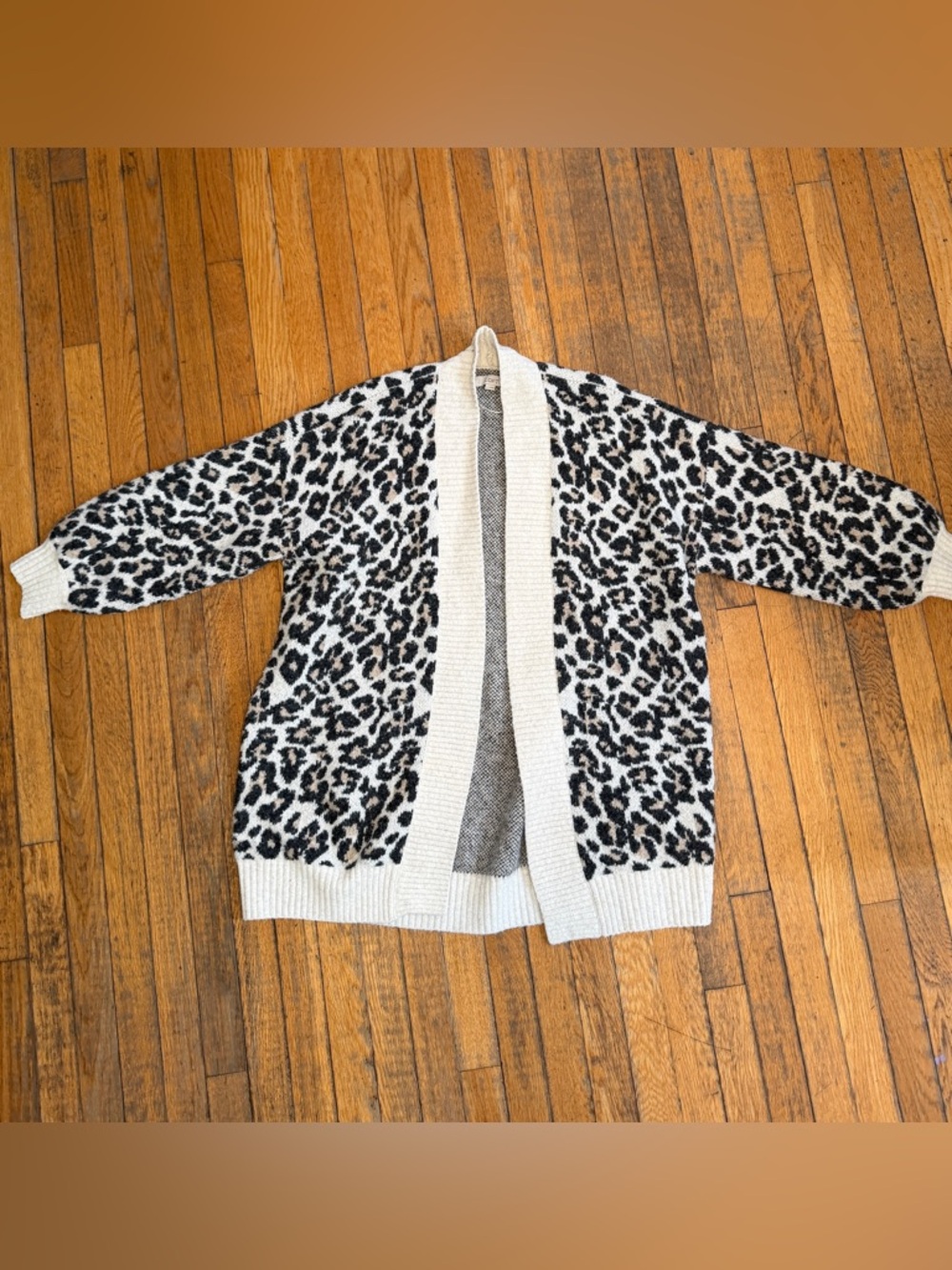 LOFT Leopard Print Open Front Cardigan Sweater Cream Black Longline Women Size L